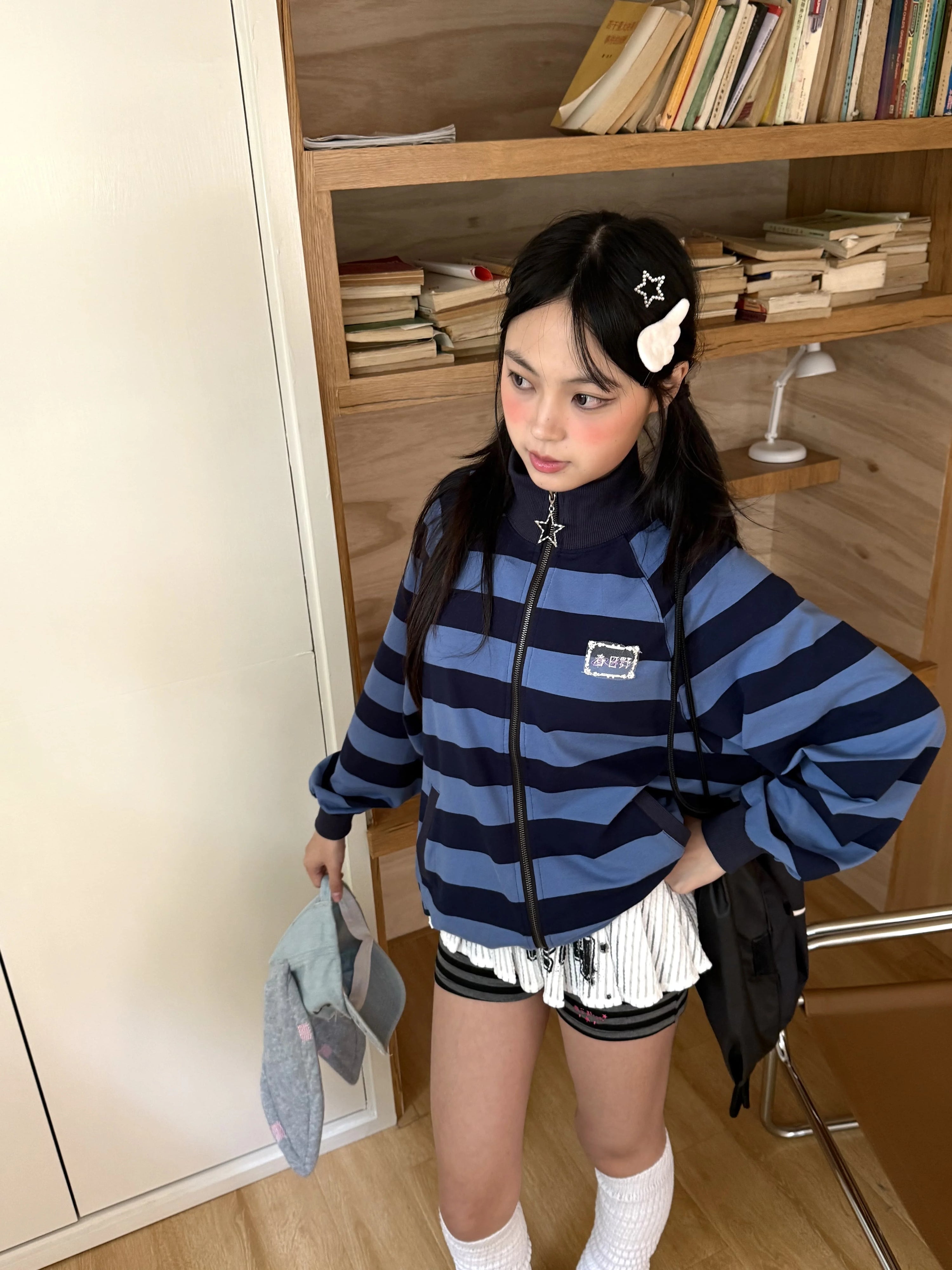 Striped Oversize Stand Collar Zipper Jacket