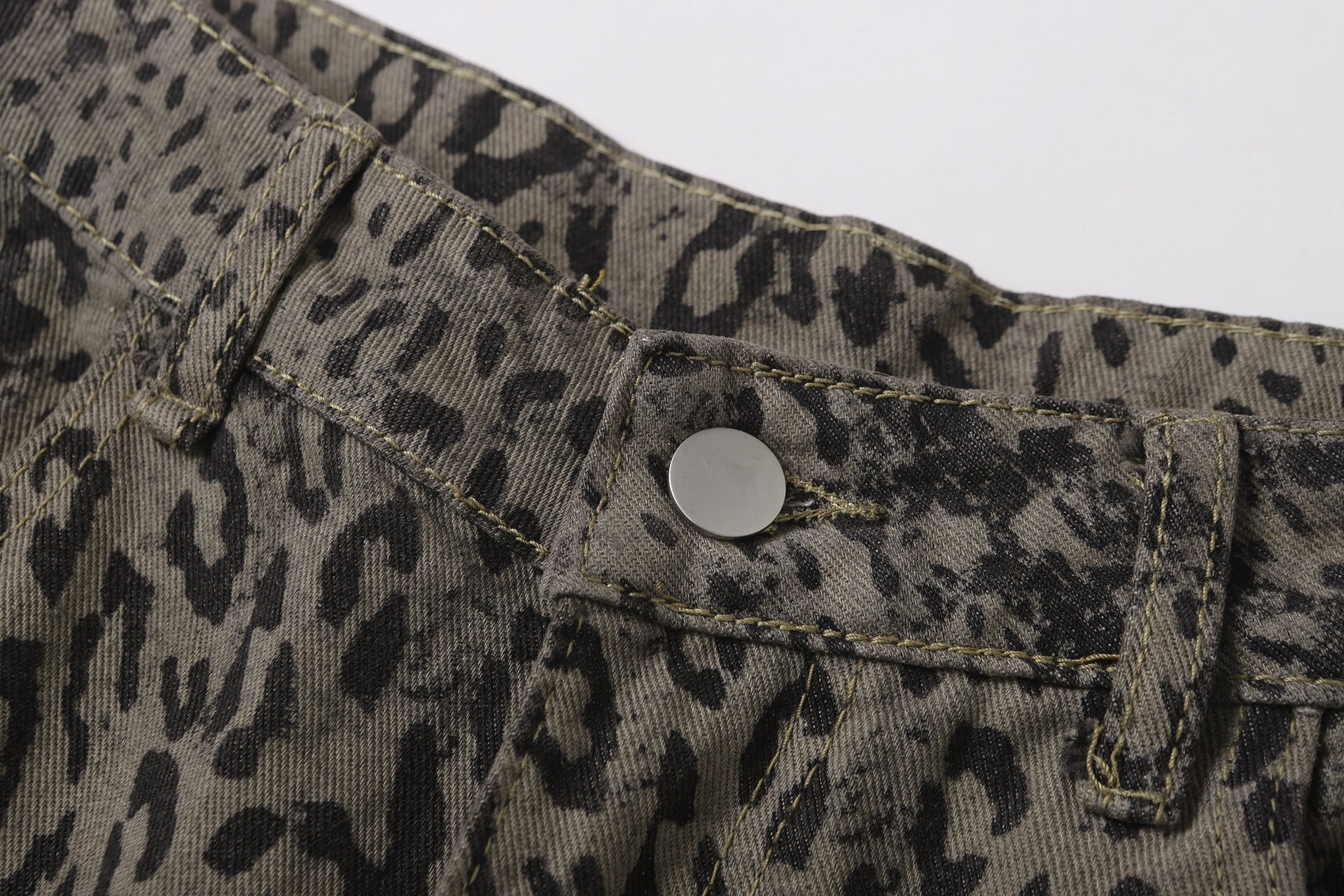 Leopard Print Curved Straight Wide Leg Denim Jeans