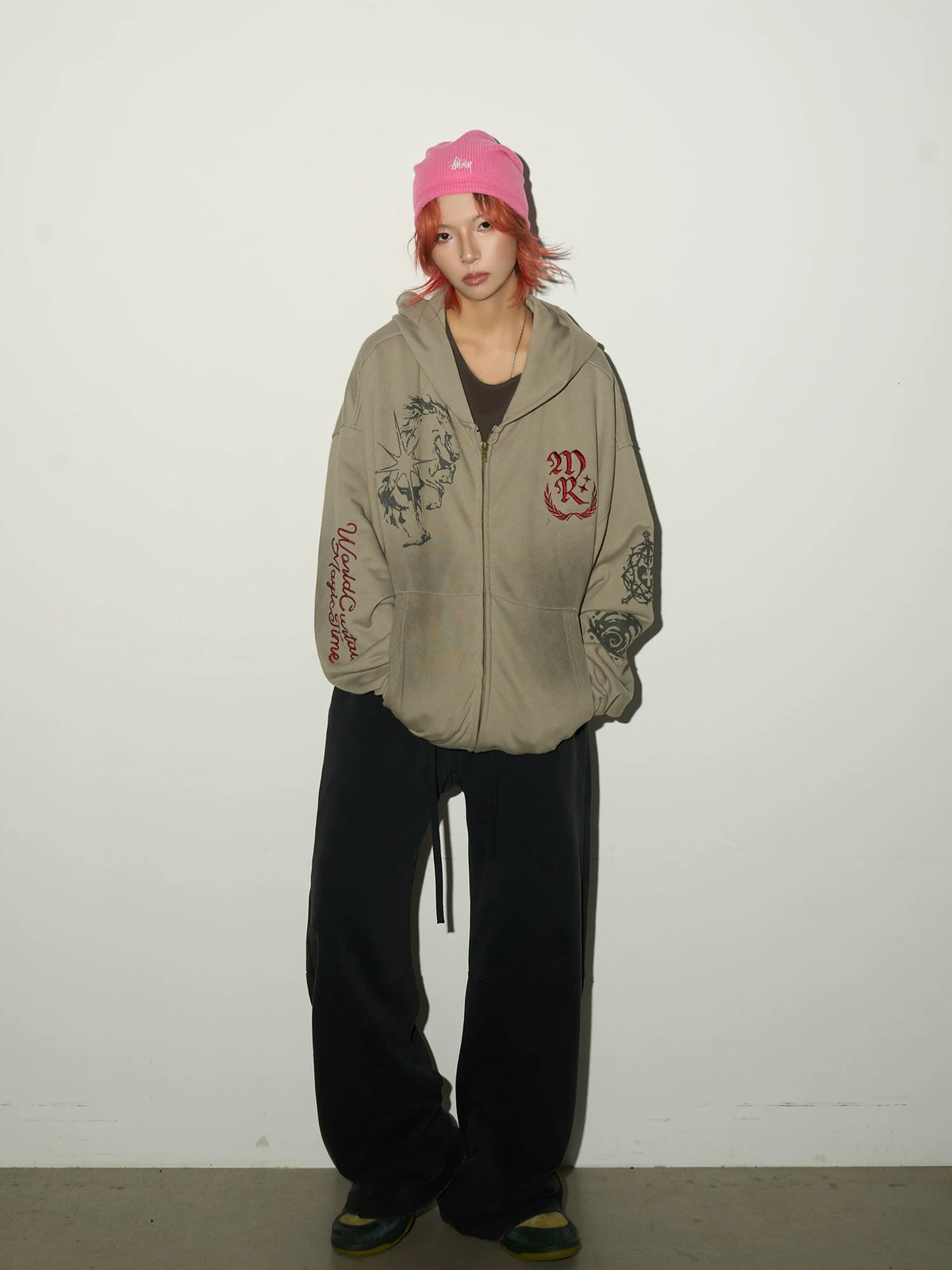 Embroidery Damage Zipper Hoodie