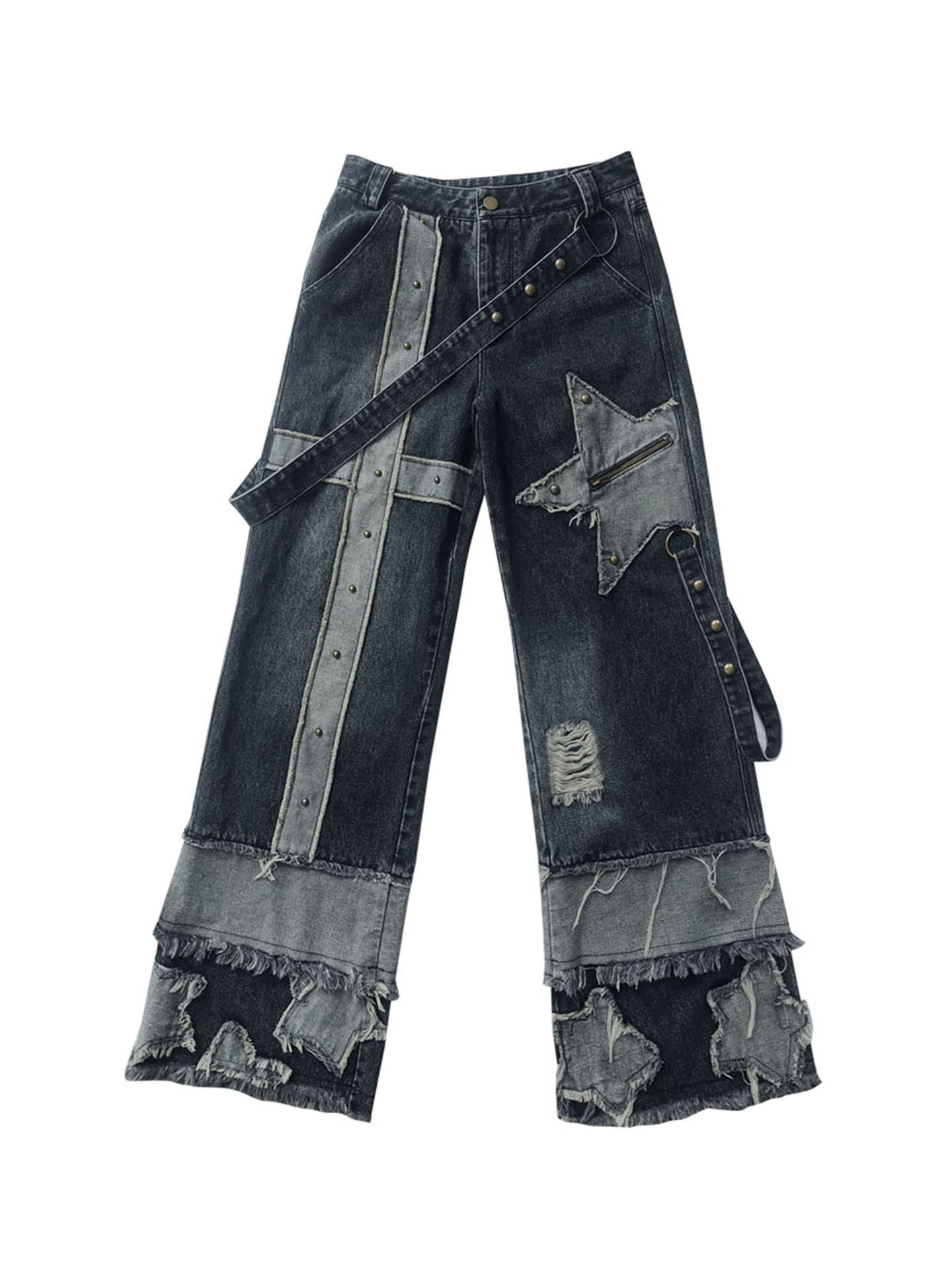Low Waist Wide Leg Washed Stud Denim Jeans