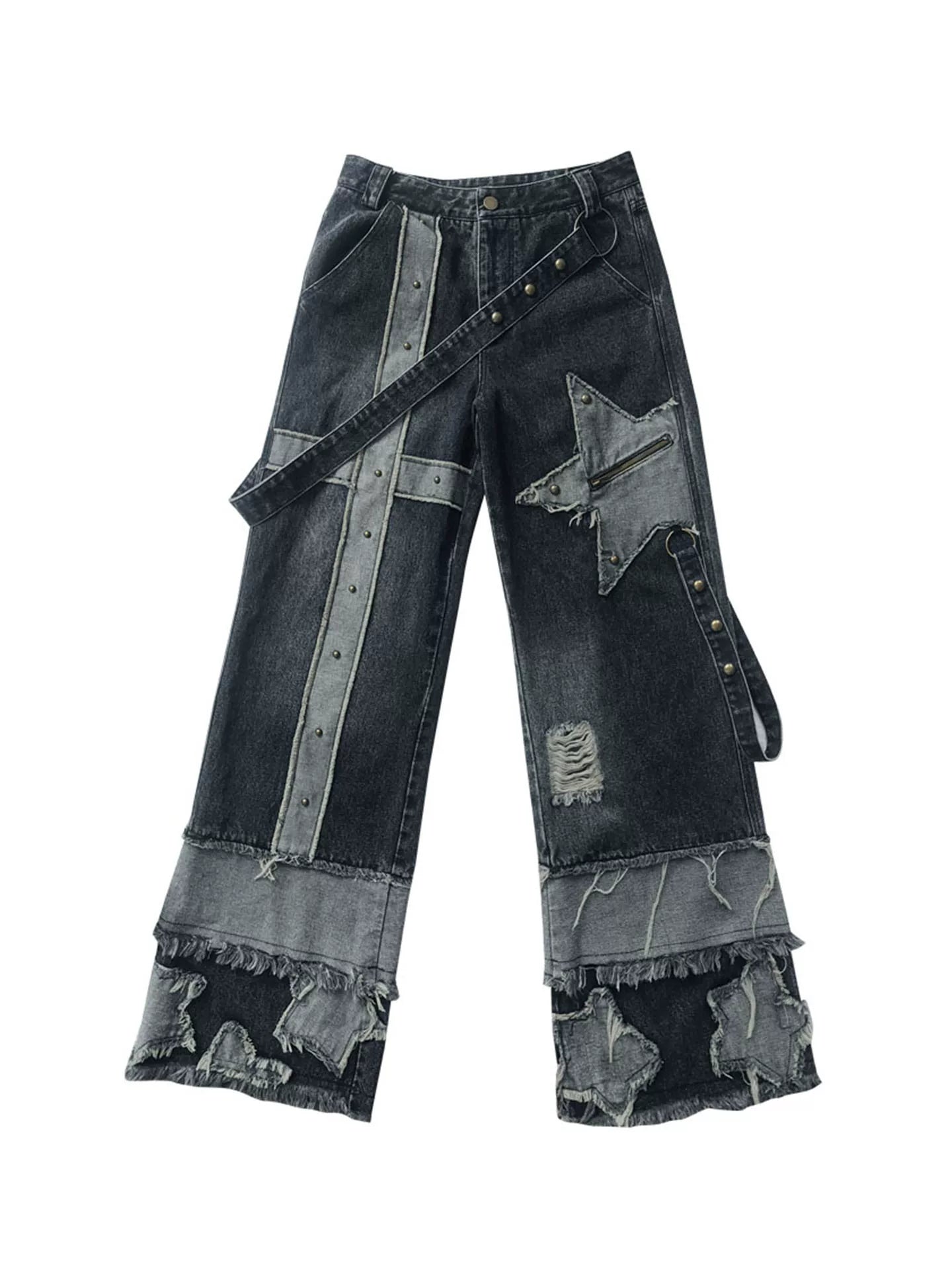 Low Waist Wide Leg Washed Stud Denim Jeans