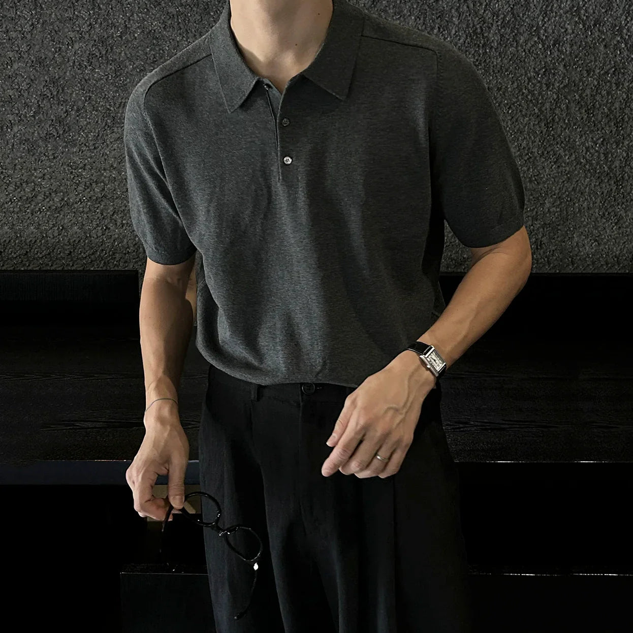 Solid Collar Knit Short Sleeve Polo Shirt
