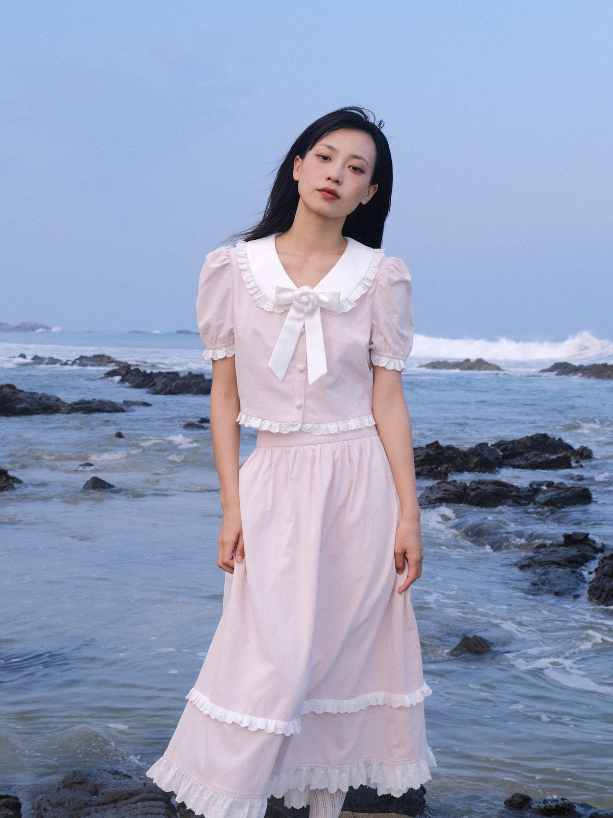 Lace Details Bow Blouse & Lace Trim Skirt Setup