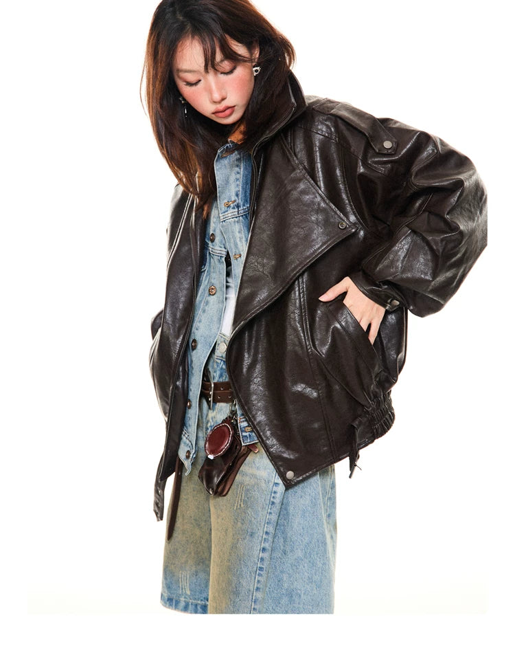 Asymmetrical Stand Collar PU Leather Jacket