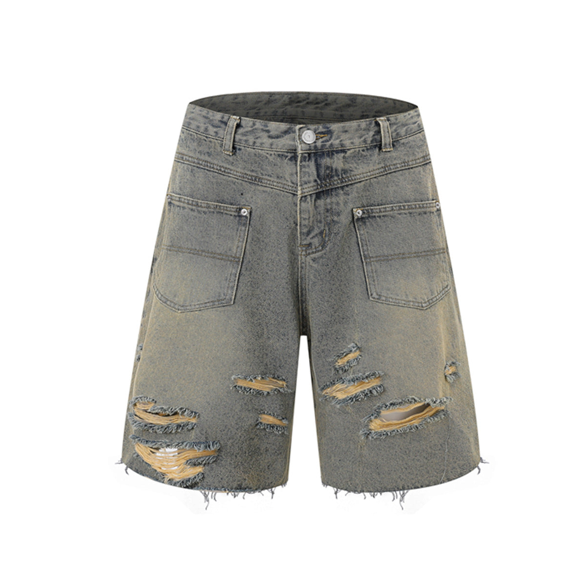 Washed Damage Wide Leg Denim Short Pants