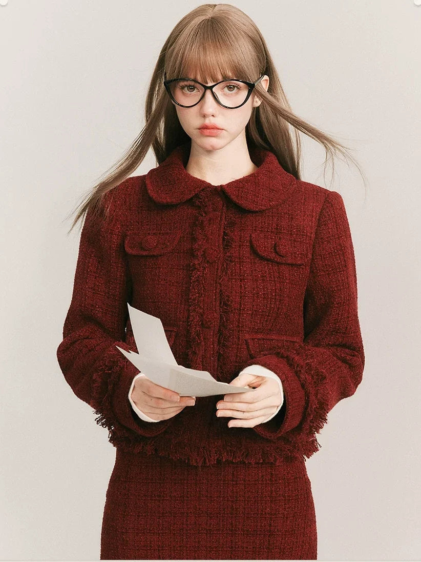 Round Collar Tweed Jacket & A-Line Tweed Skirt Setup