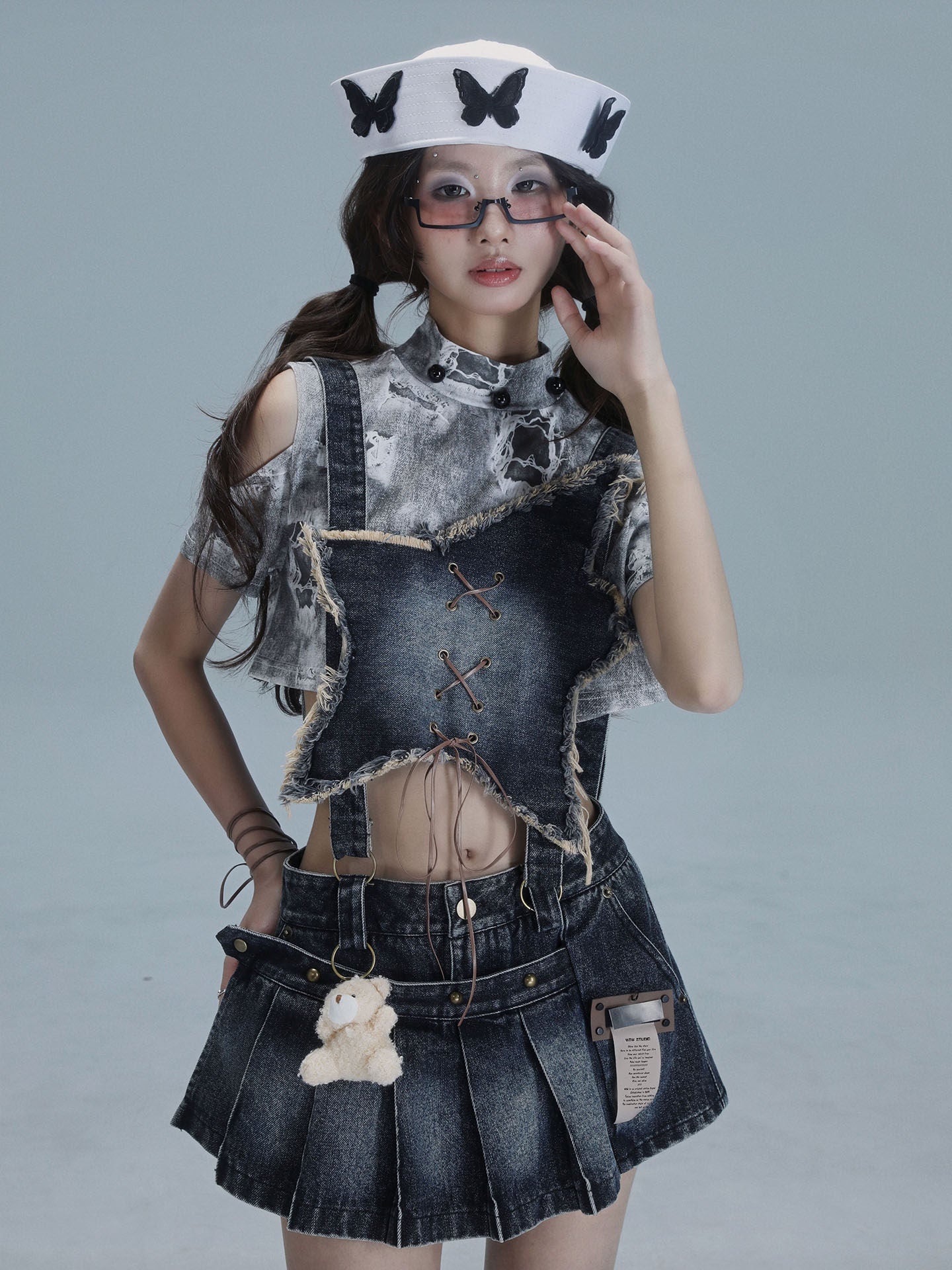 Detachable Washed Suspender Denim Short Skirt & Inner Shirts Set