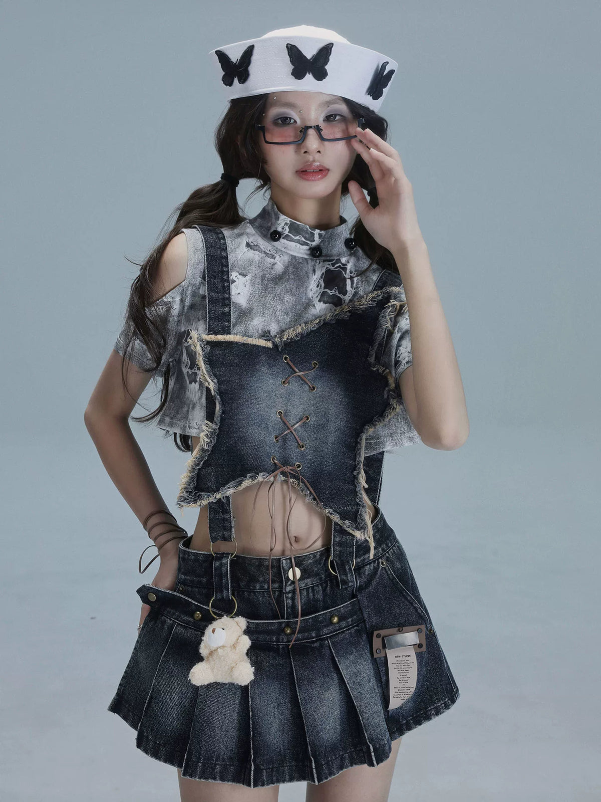 Detachable Washed Suspender Denim Short Skirt & Inner Shirts Set