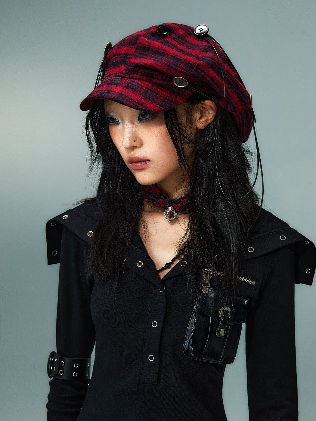 Handcrafted Button Strap Red Plaid Beret Hat