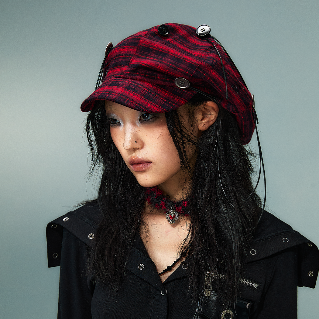 Handcrafted Button Strap Red Plaid Beret Hat