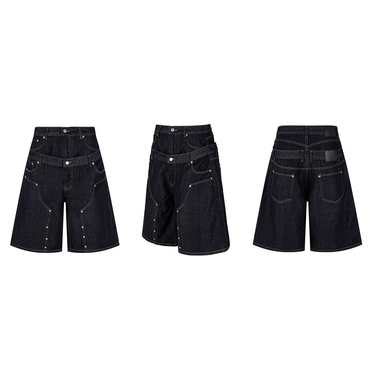Fake Layered Double-Waist Wide Leg Denim Short Pants
