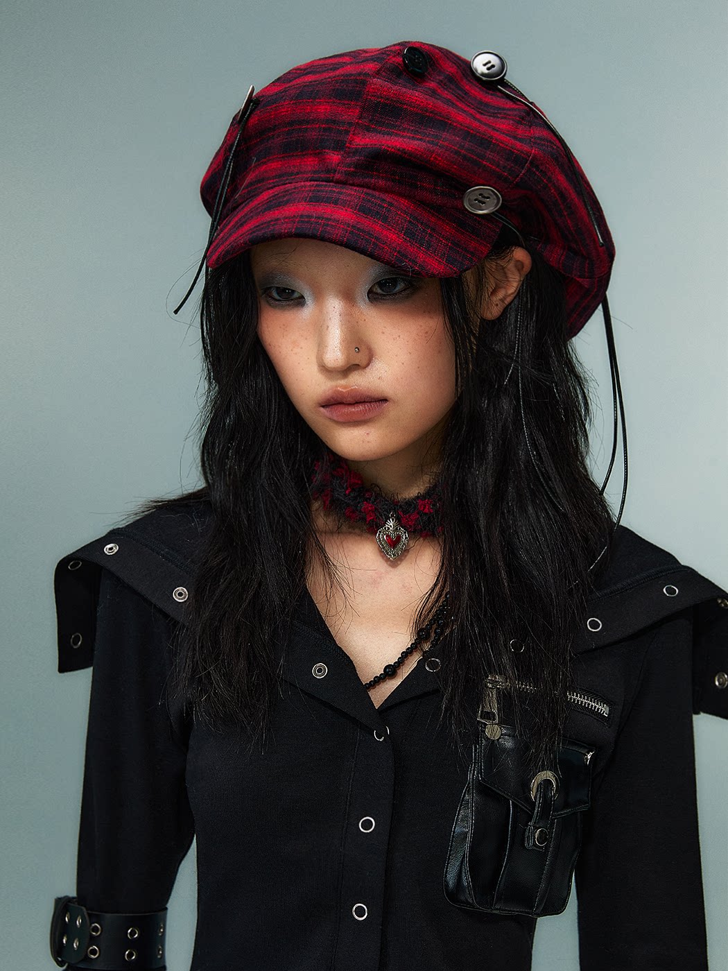Handcrafted Button Strap Red Plaid Beret Hat