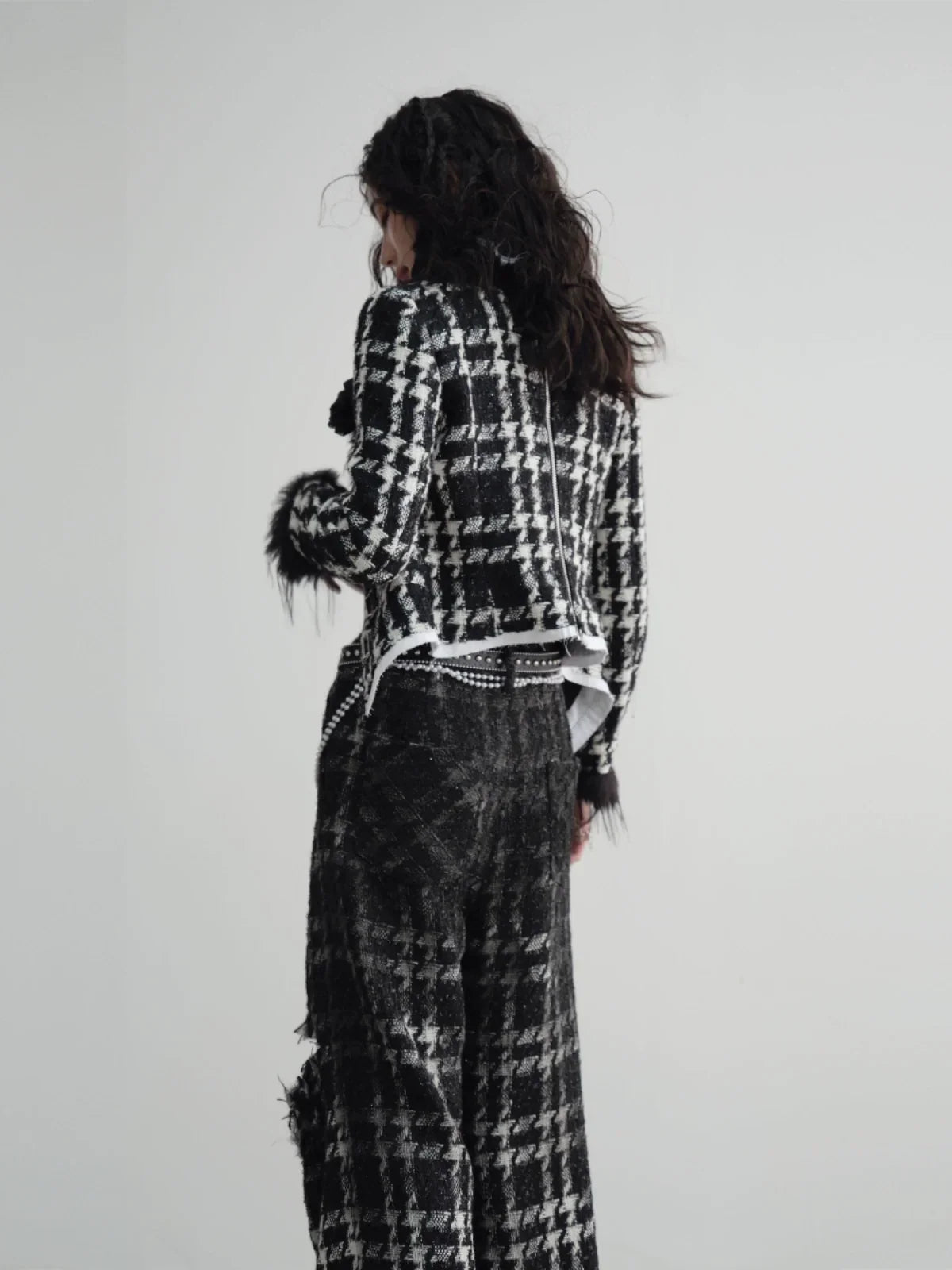 Hairy Low Collar Houndstooth Jacket