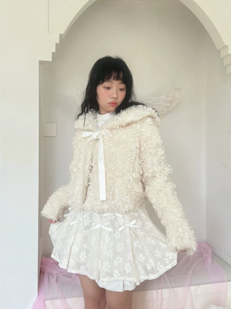 Fake Fur Bow Tie Plush Jacket
