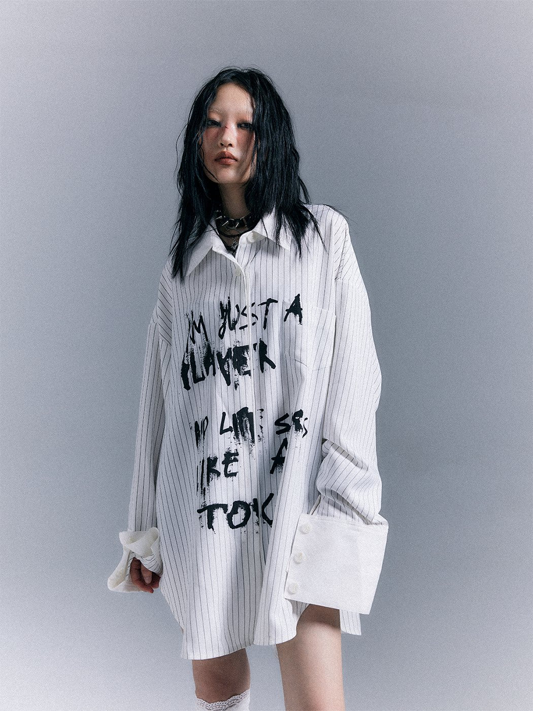 Graffiti Print Stripe Oversize Long Sleeve Shirt