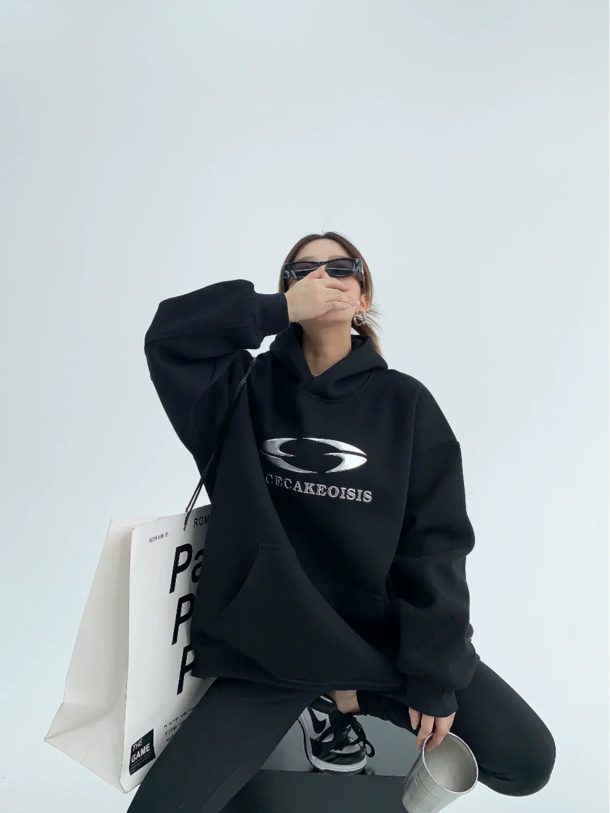 Silver Logo Print Oversized Hoodie