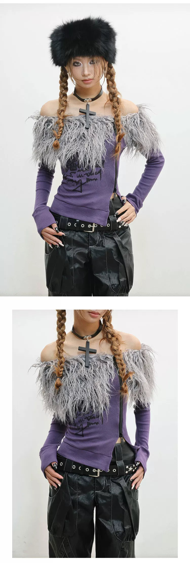 Fake Fur Trim Off-Shoulder Print Slim T-Shirt