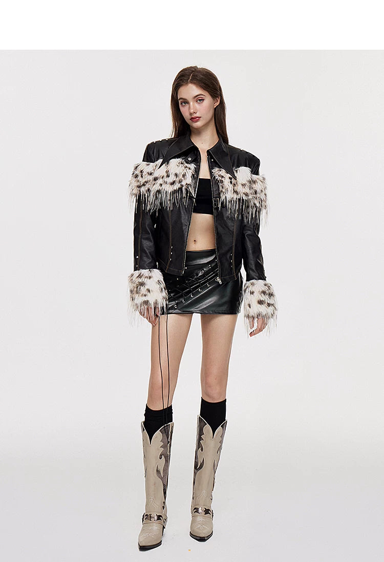 Fake Fur Patchwork Lined Thick PU Leather Jacket
