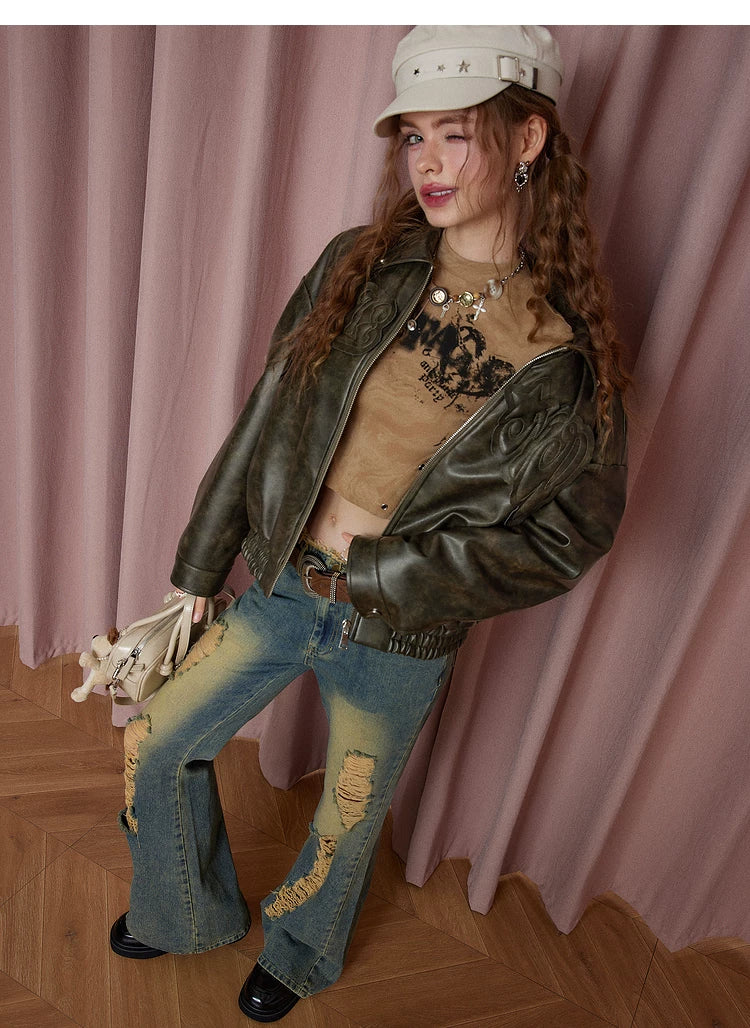 Patch Embroidery Quilted PU Leather Jacket