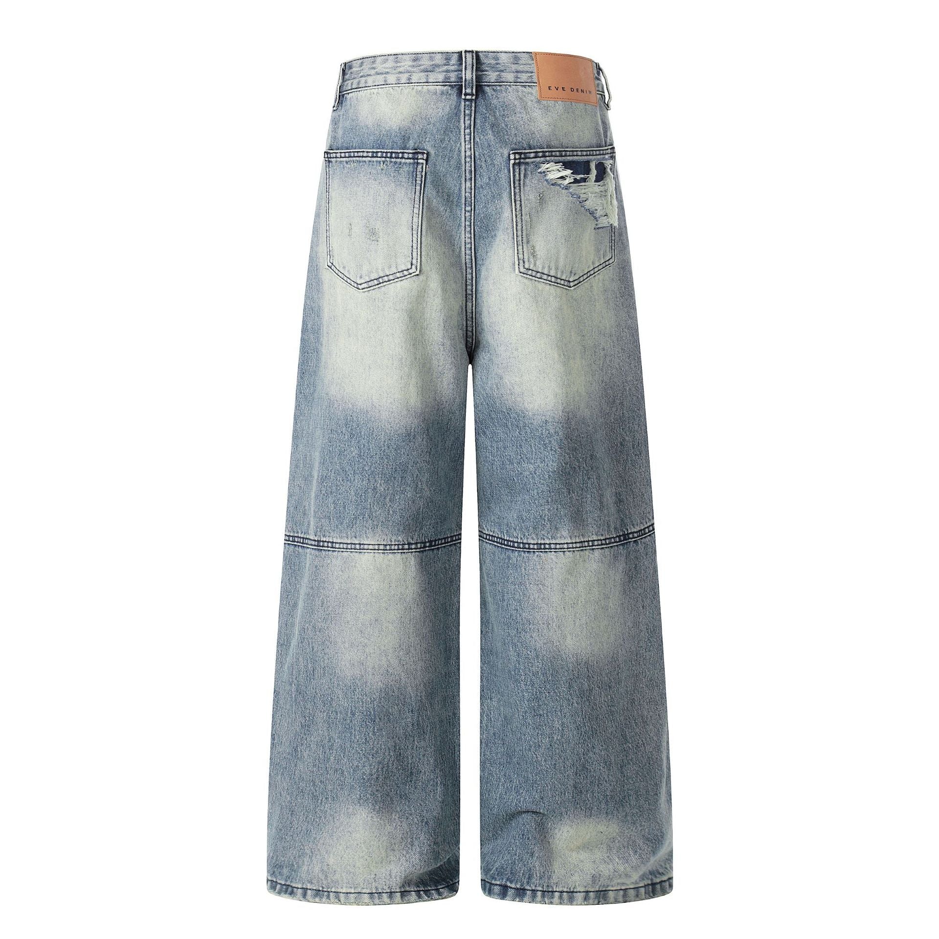 Washed Deconstruction Damage Wide Leg Denim Jeans