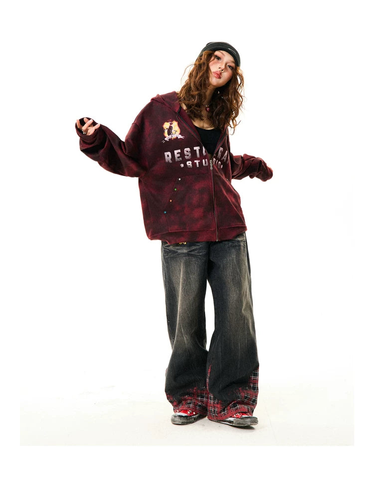 Tie-Dye Letter Print Oversize Zipper Hoodie