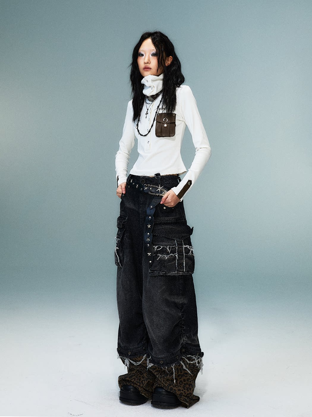 High-Neck Convertible Slim Knit Long Sleeve Shirt