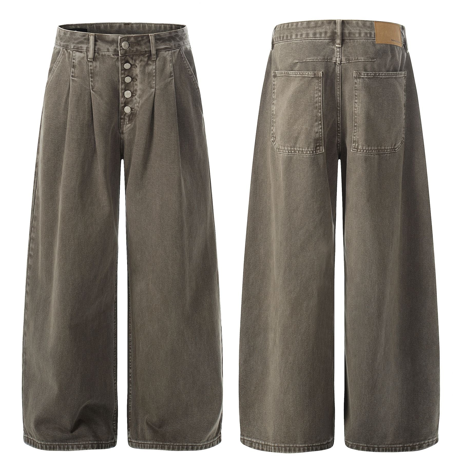 Multi-Button Pleats Wide Leg Barrel Denim Jeans