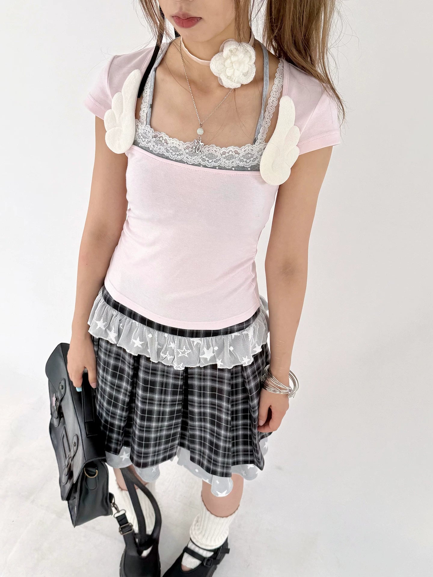 Plaid Lace Layered Star A-Line Short Skirt