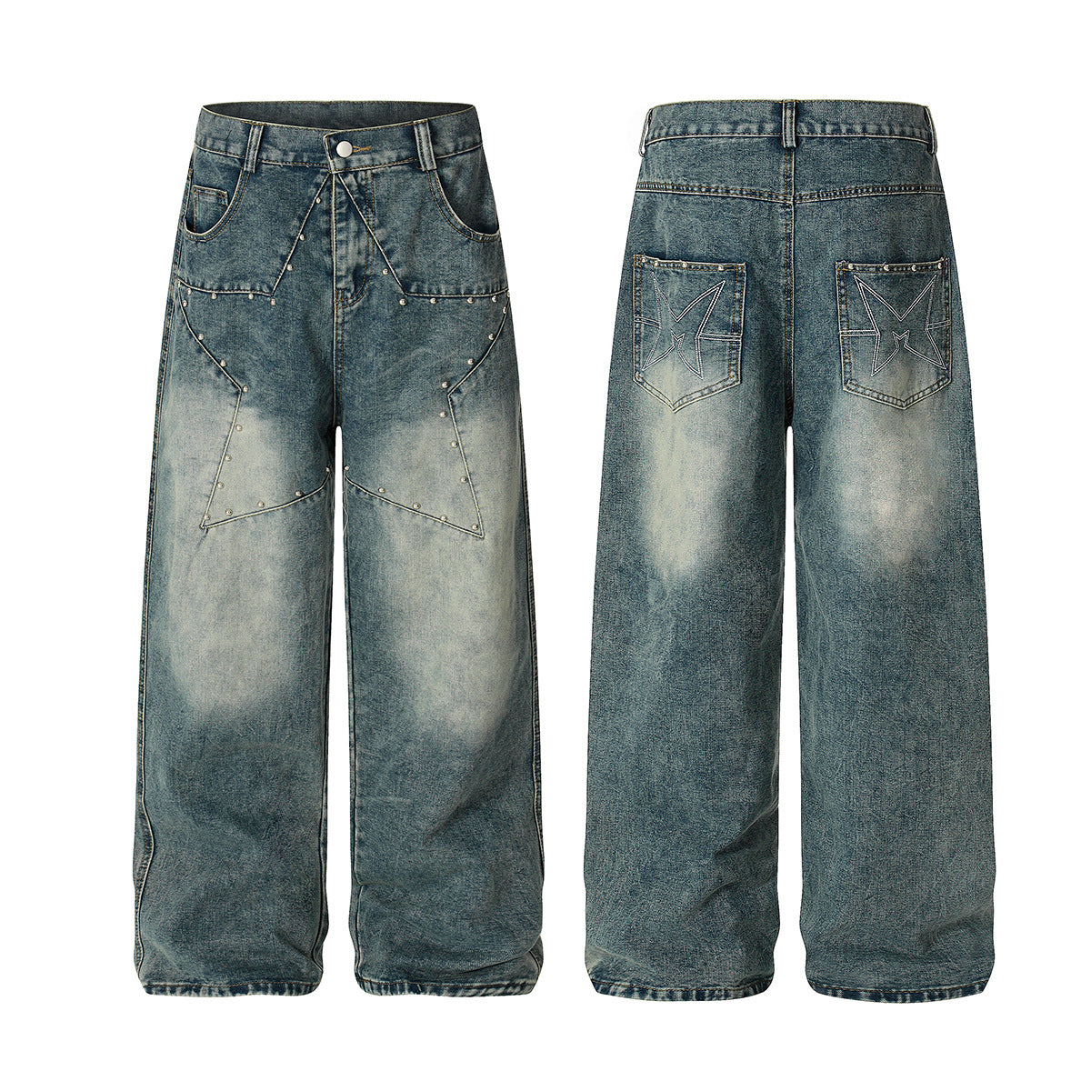 Star Patch Rivet Wide Leg Denim Jeans