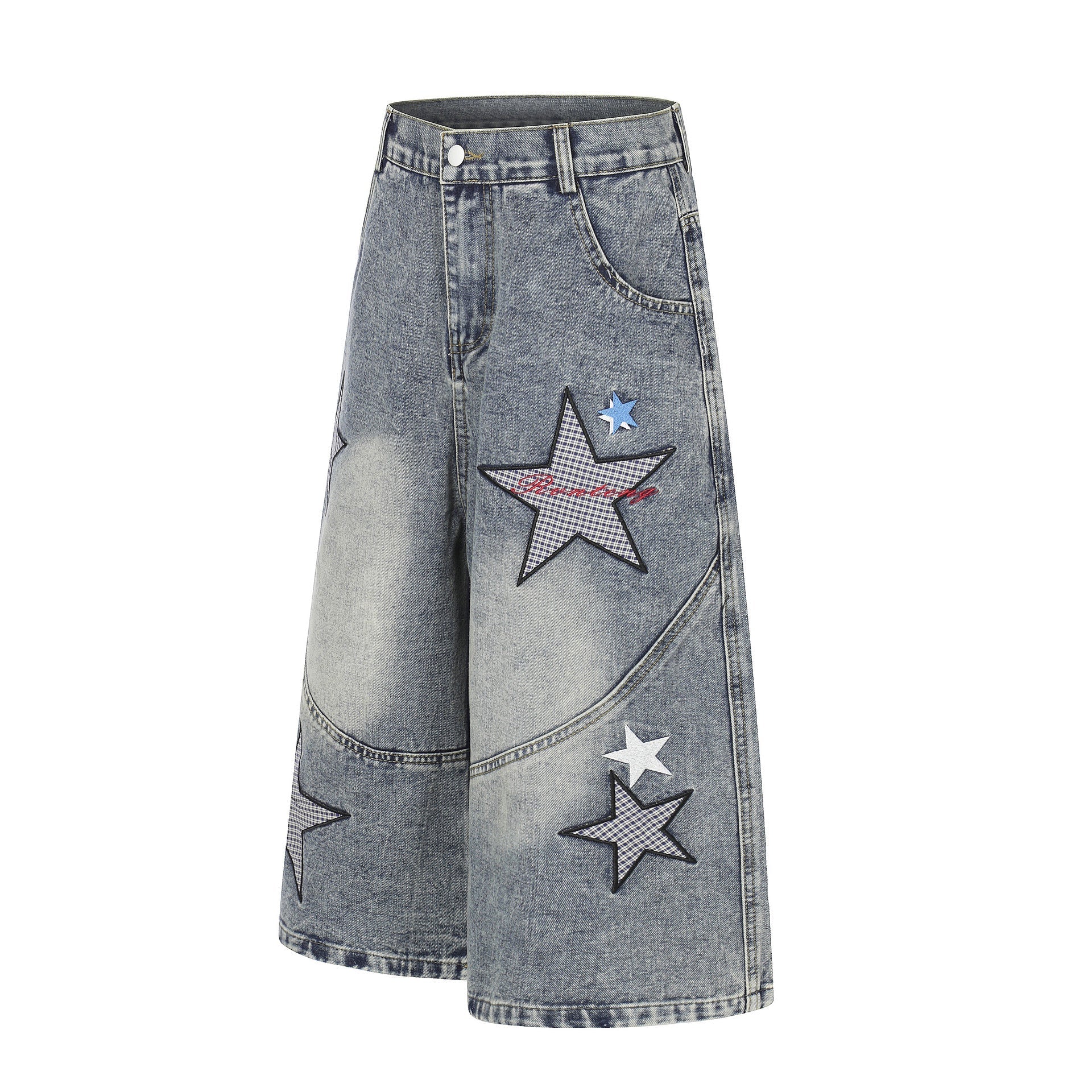 Star Patch Embroidery Denim Wide Leg Jort