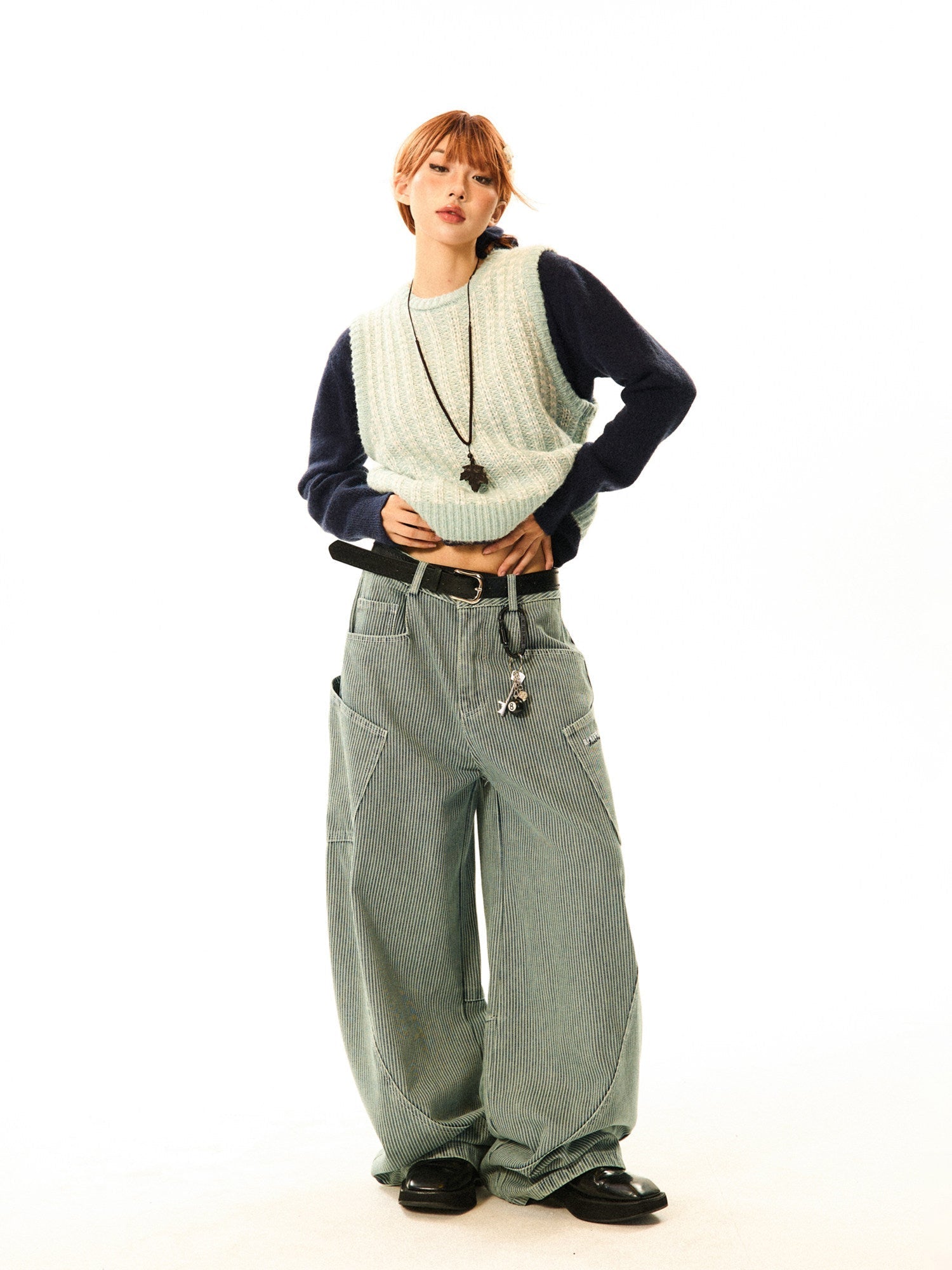 Stripe Pattern Wide Leg Denim Jeans