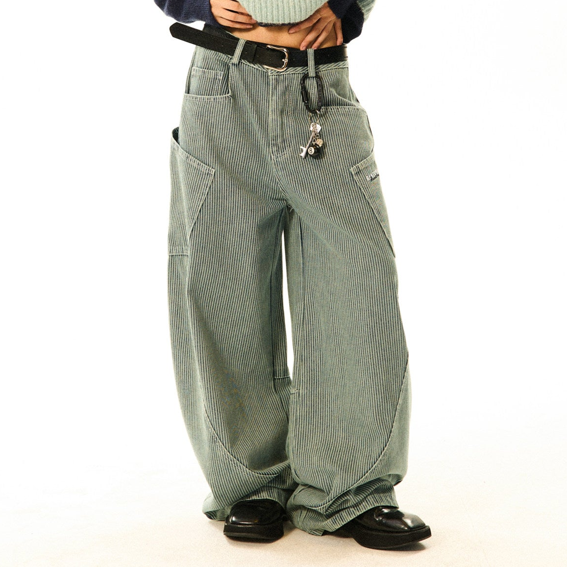 Stripe Pattern Wide Leg Denim Jeans
