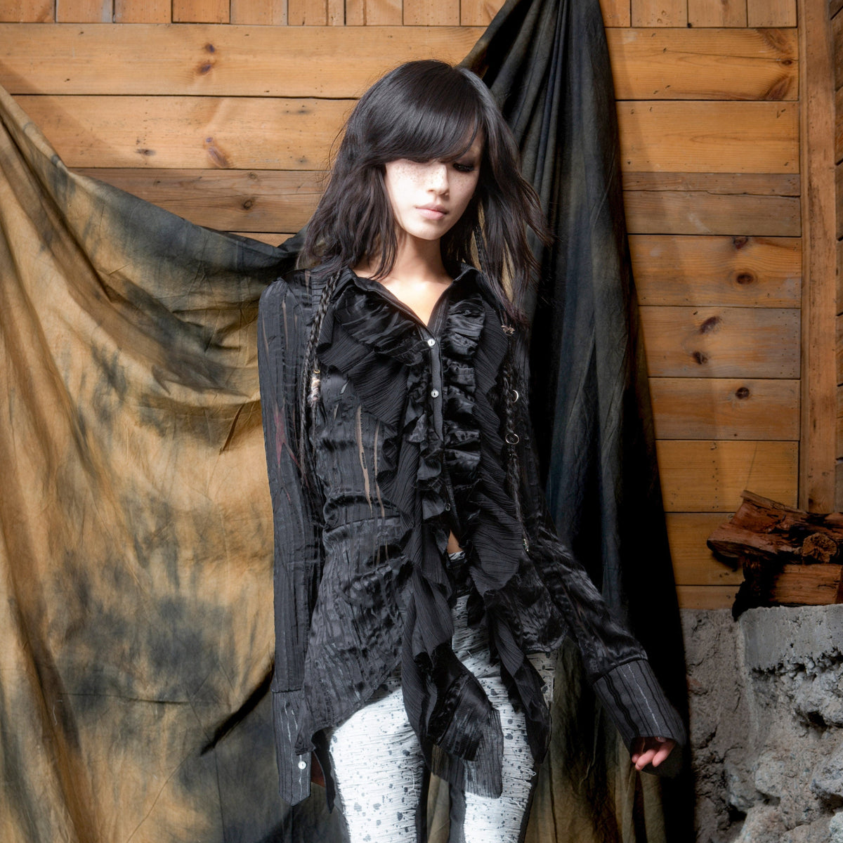 Original Punk Two-Tone Waist-Cinching Ruffle Asymmetric Shirt