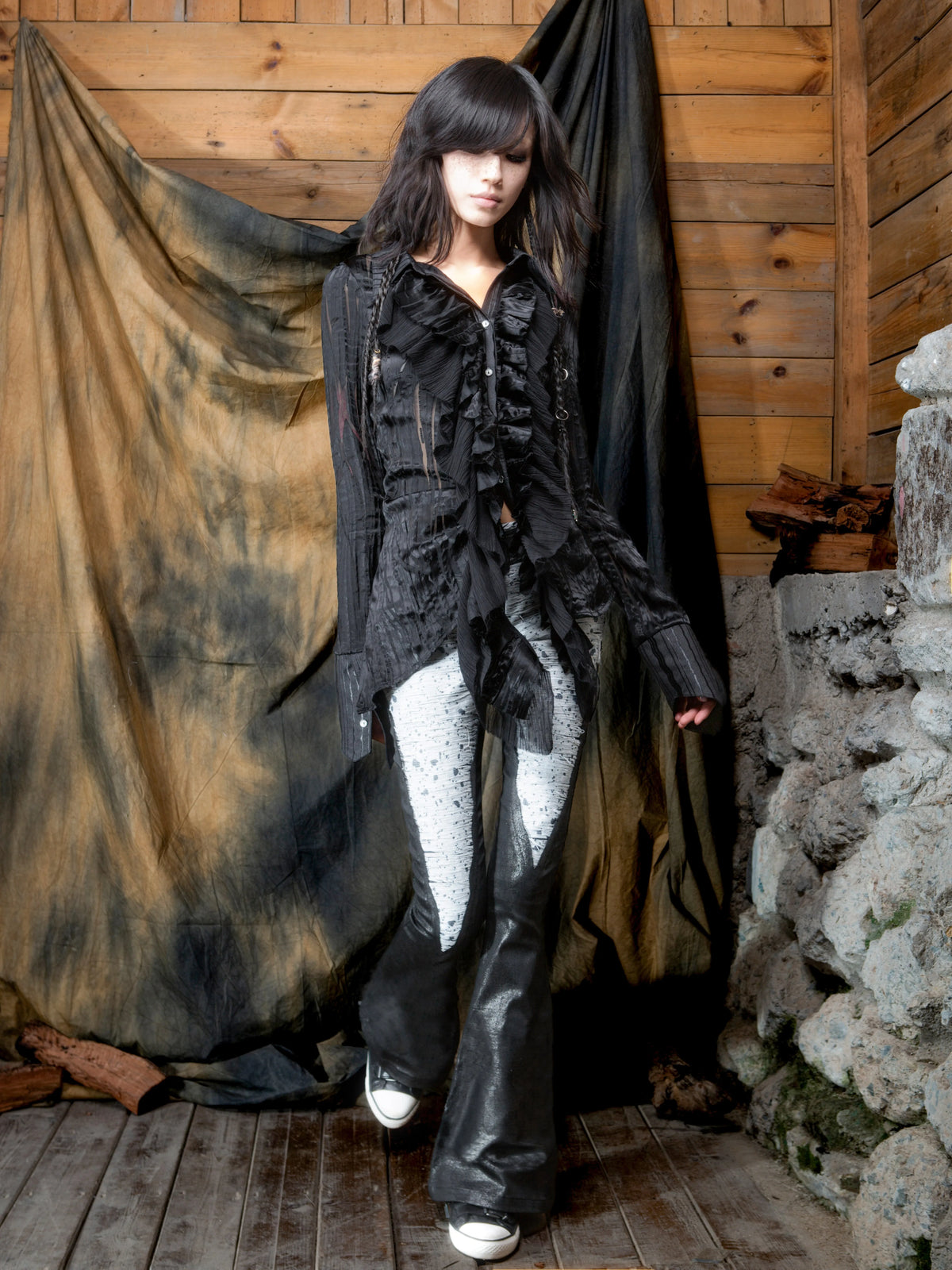 Original Punk Two-Tone Waist-Cinching Ruffle Asymmetric Shirt