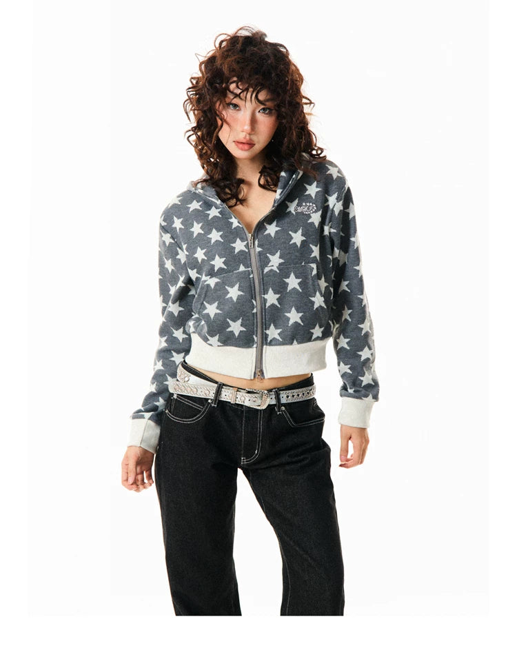 Star Print Cropped Zip-Up Hoodie