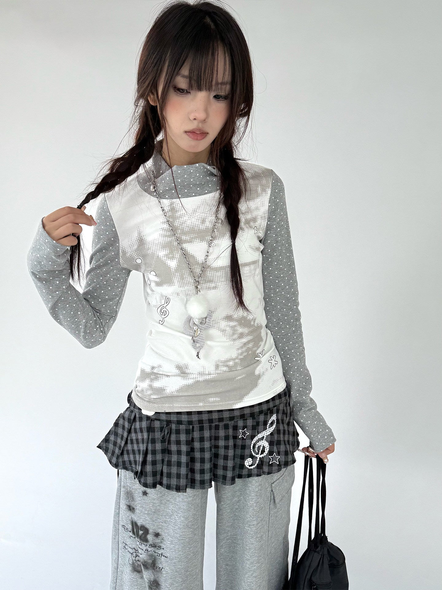 Polka Dot Print High-Neck Long Sleeve T-Shirt
