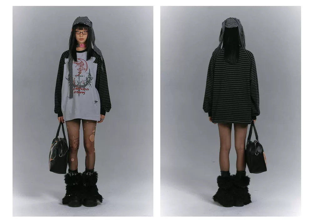 Raglan Stripe Damage Patchwork Long Sleeve T-Shirt