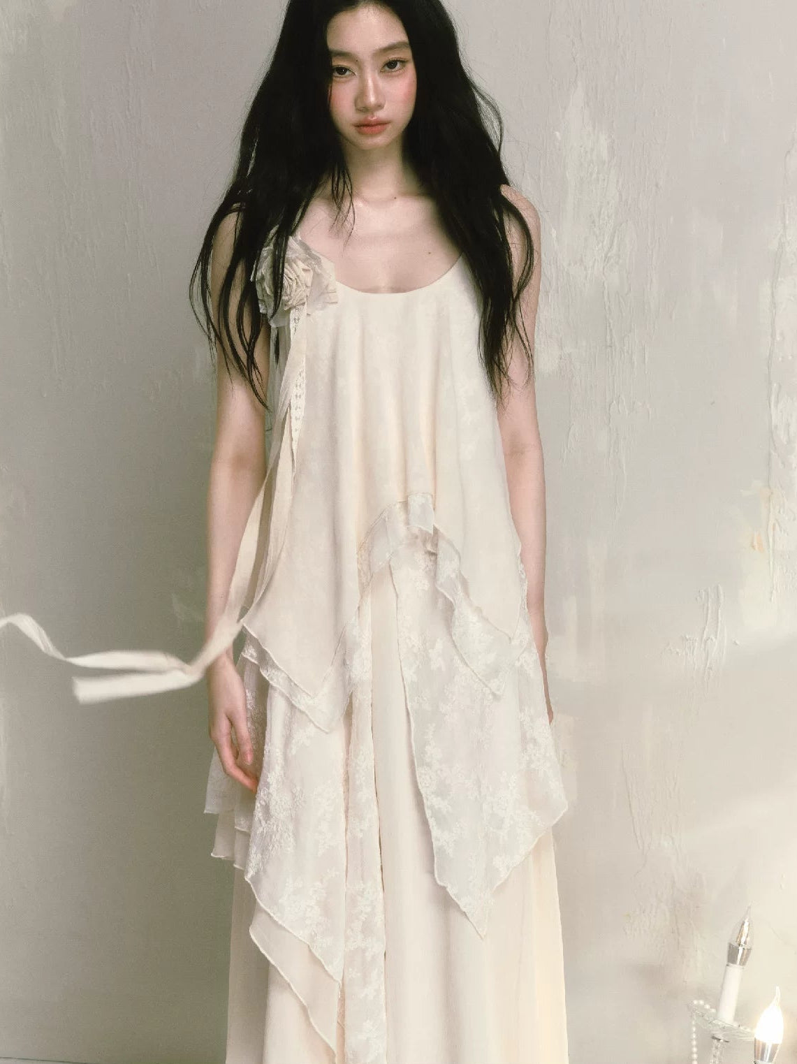 With Brooch Irregular Camisole Dress & Long Sleeve Shirt Setup