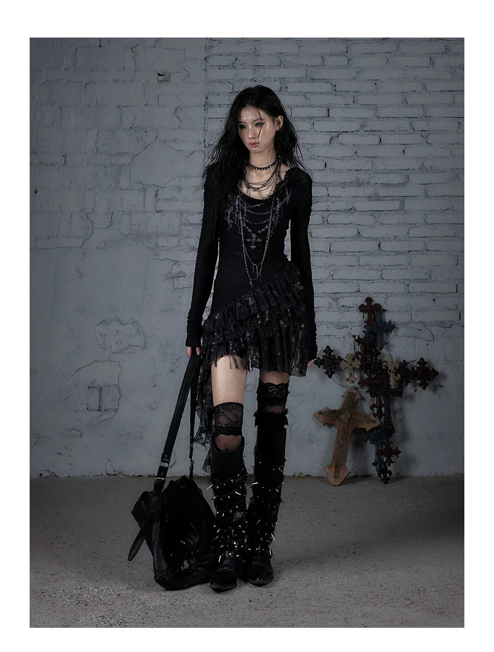 Lace Hooded Asymmetric Ruffle Dress