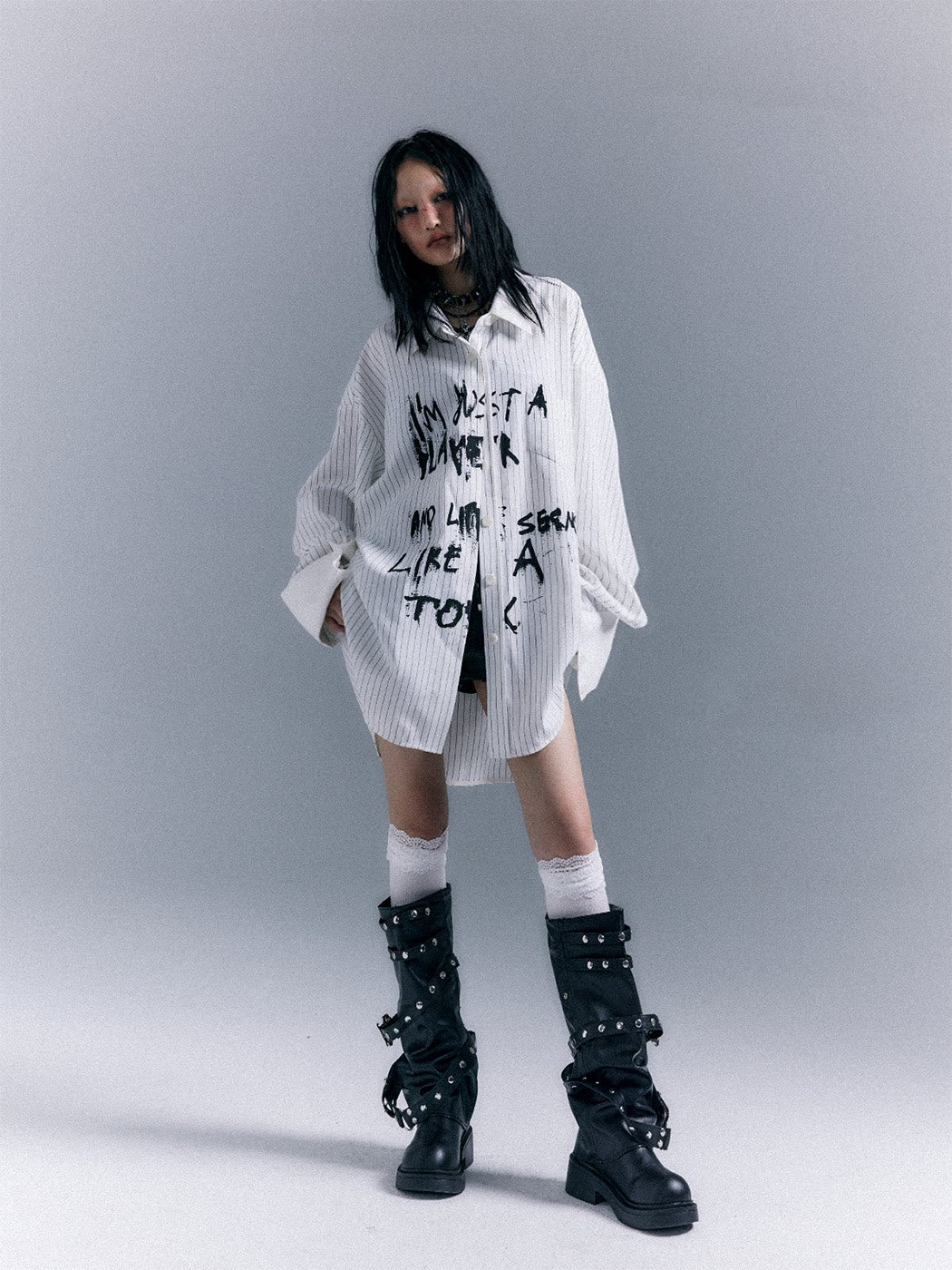 Graffiti Print Stripe Oversize Long Sleeve Shirt