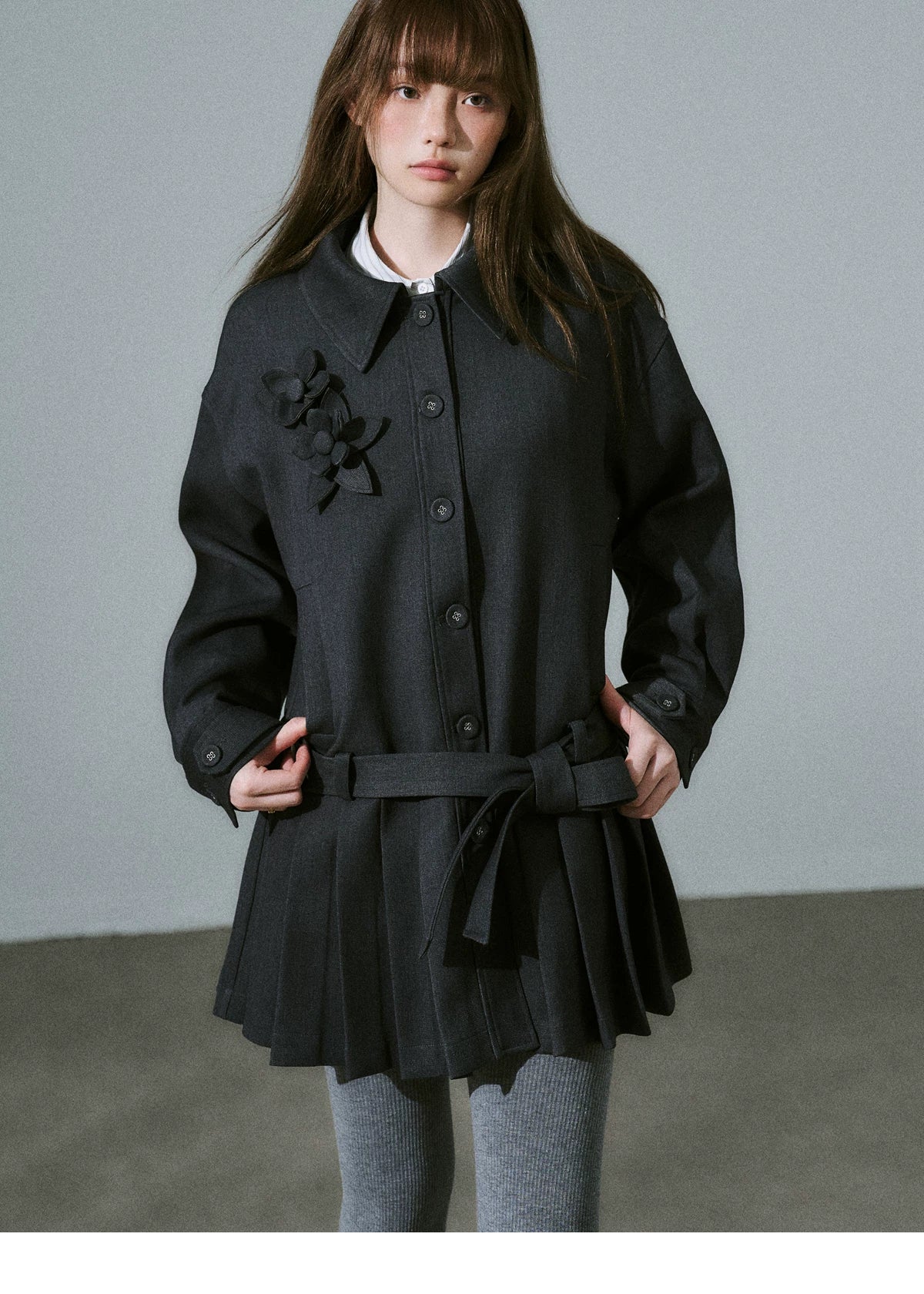 Flower Pleats Tencel Wool Trench Coat
