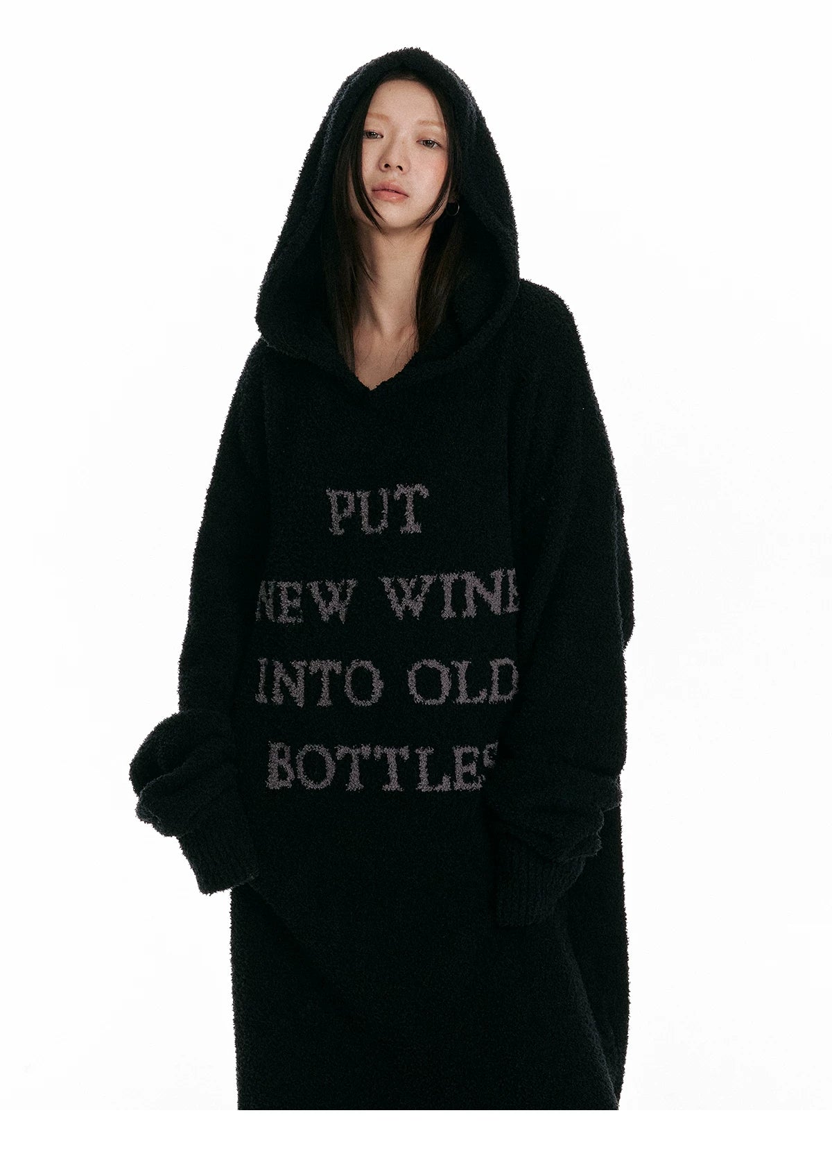 Fuzzy Hooded Knit Over-Knee Robe Dress