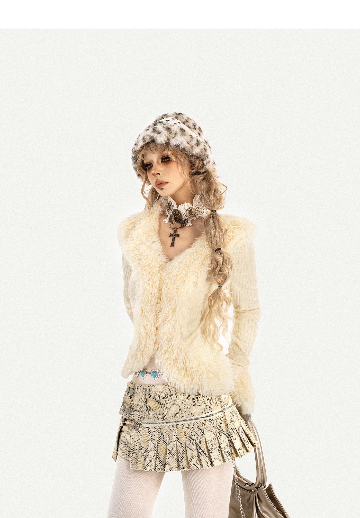 Fur Collar Fitted Long Sleeve Knit Cardigan