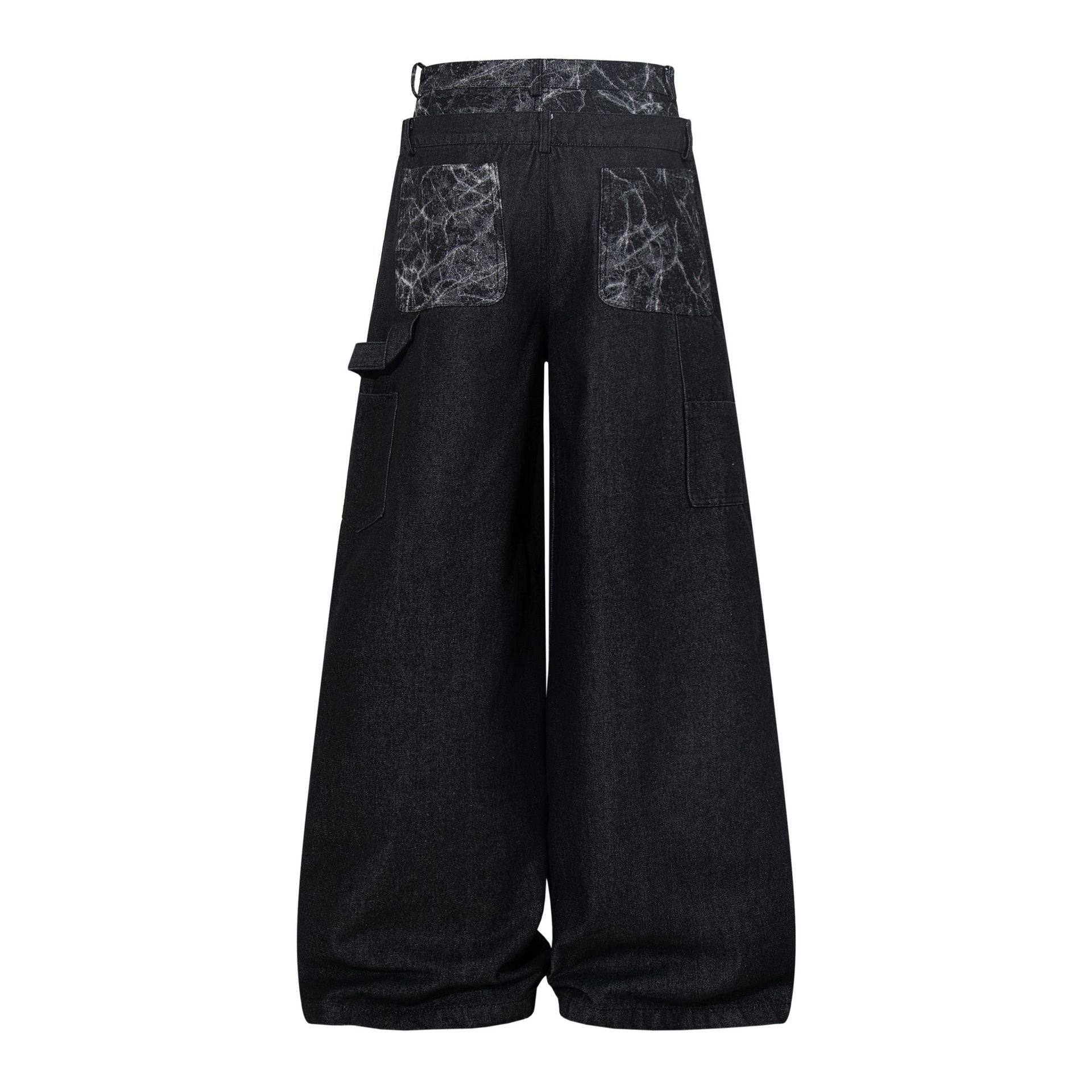 Double Waist Marble Panel Wide Leg Denim Jeans