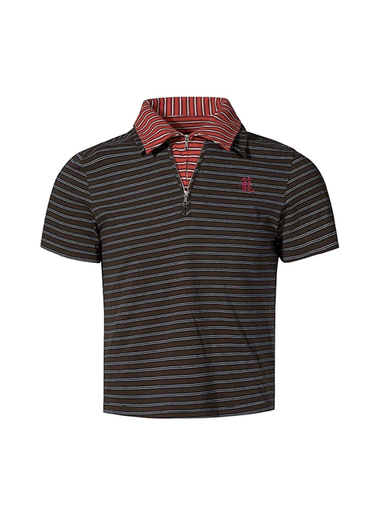 Fake Layered Stripe Zipper Short Sleeve Polo Shirt