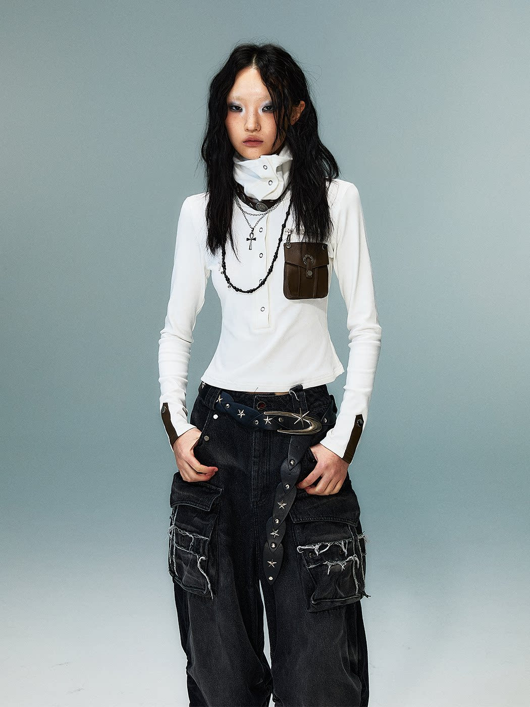 High-Neck Convertible Slim Knit Long Sleeve Shirt