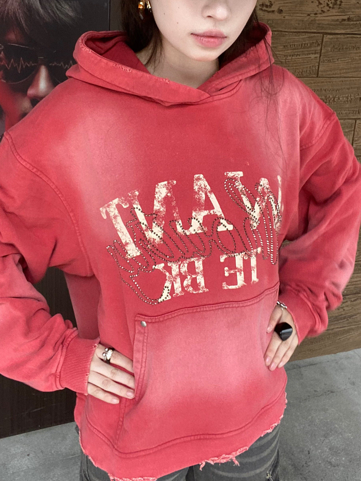 Washed Letter Rhinestone Design Damage Hoodie