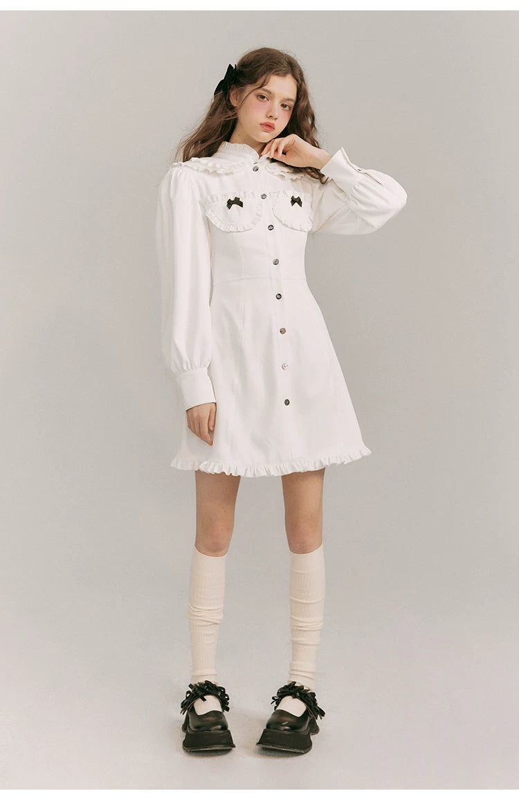 Double Neck Long Sleeve Shirt Dress