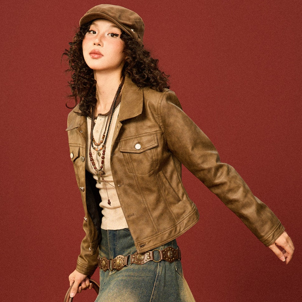 PU Leather Standing-Collar Short Jacket