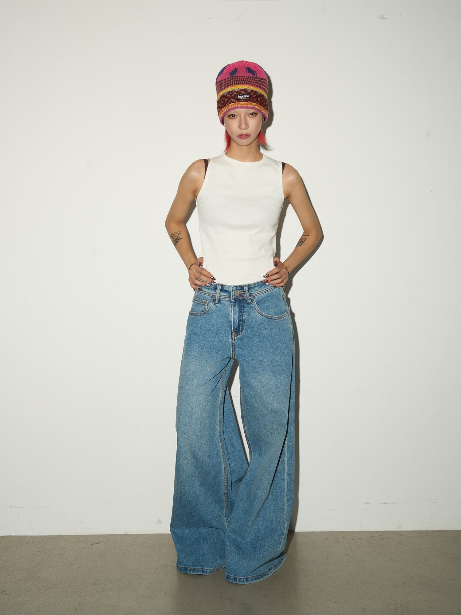 Faded Wash Wide Leg Denim Jeans